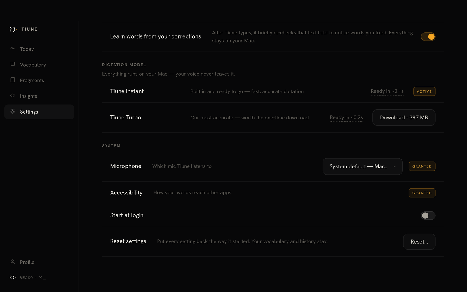 Settings System section with both permissions granted