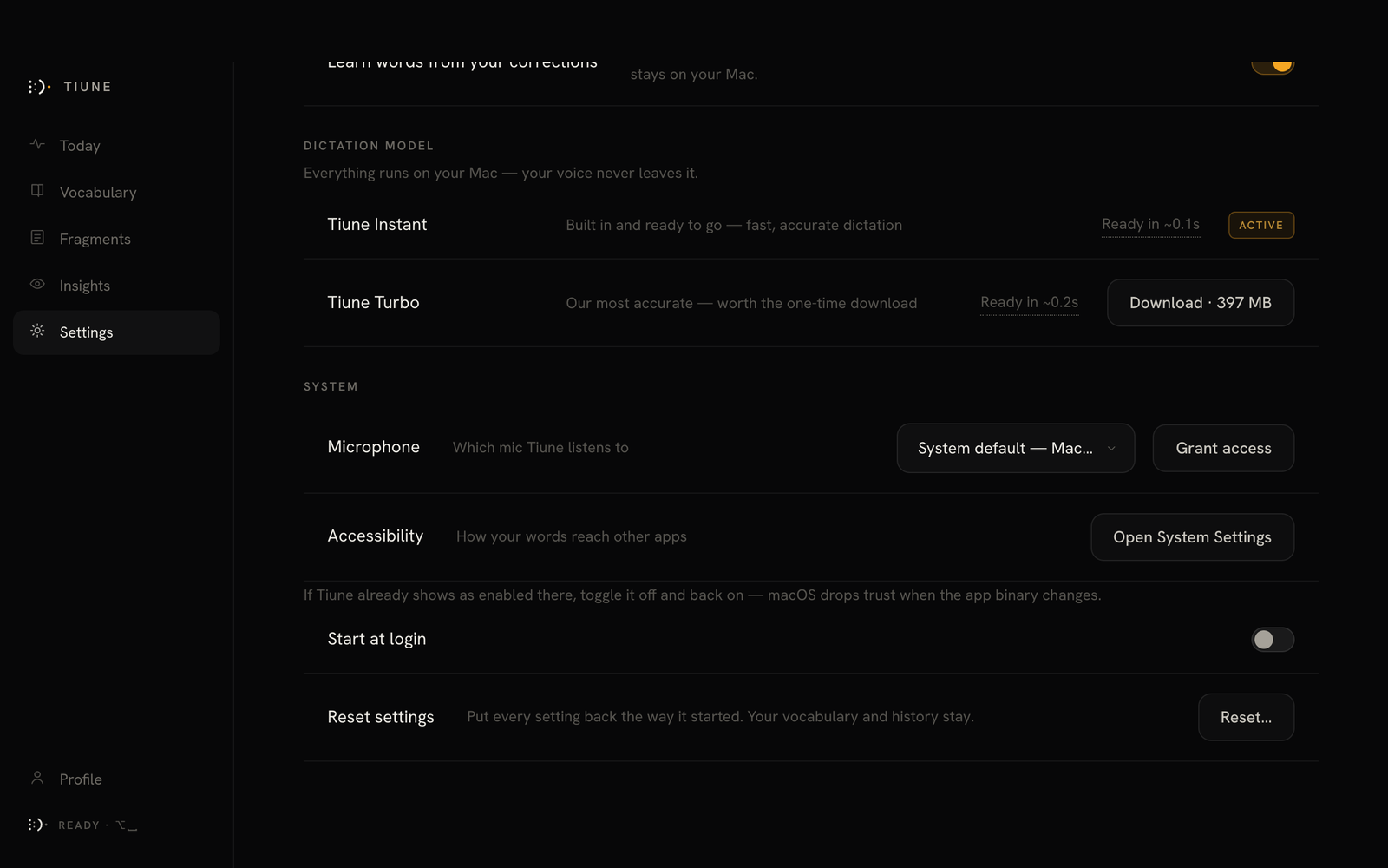 Dictation Model settings section