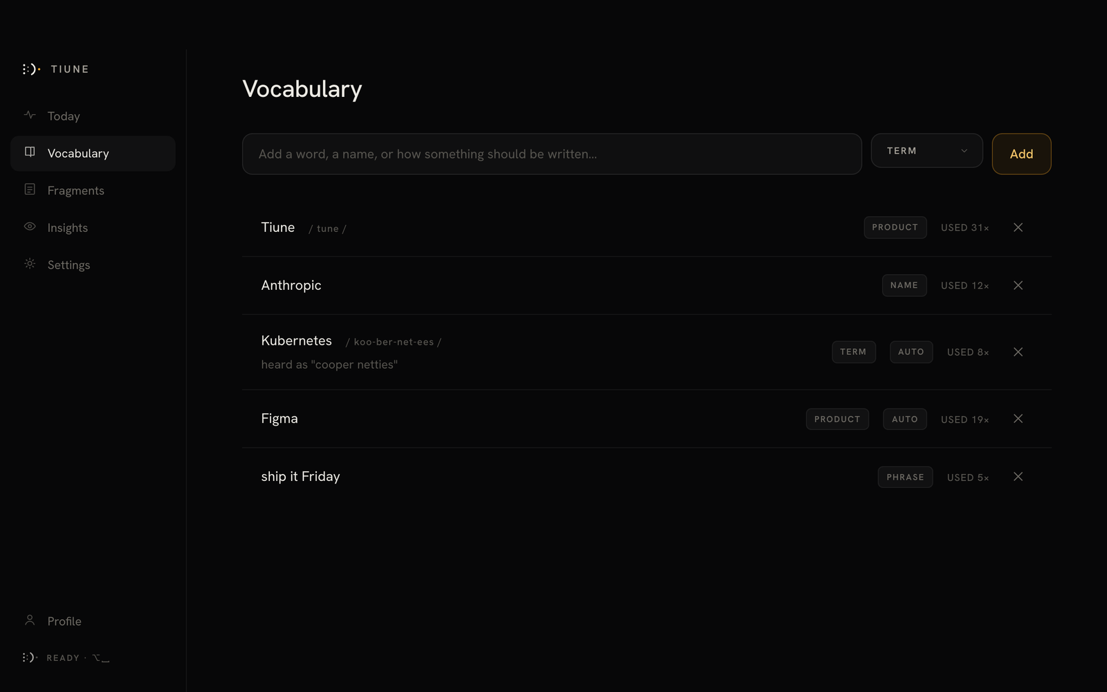 Vocabulary tab with AUTO and manual entries