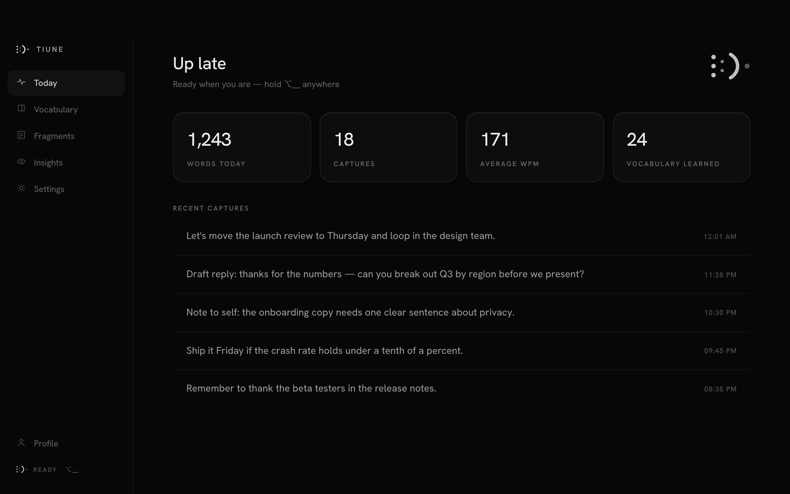 Main Tiune window with dictation history